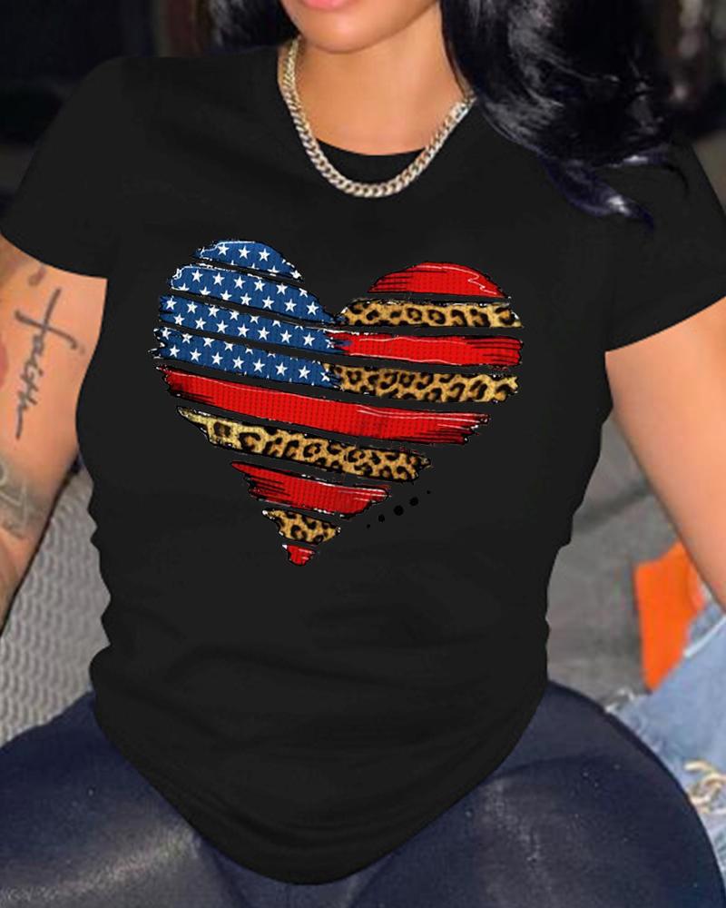 

Independence Day Flag Heart Leopard Print T-Shirt, Black
