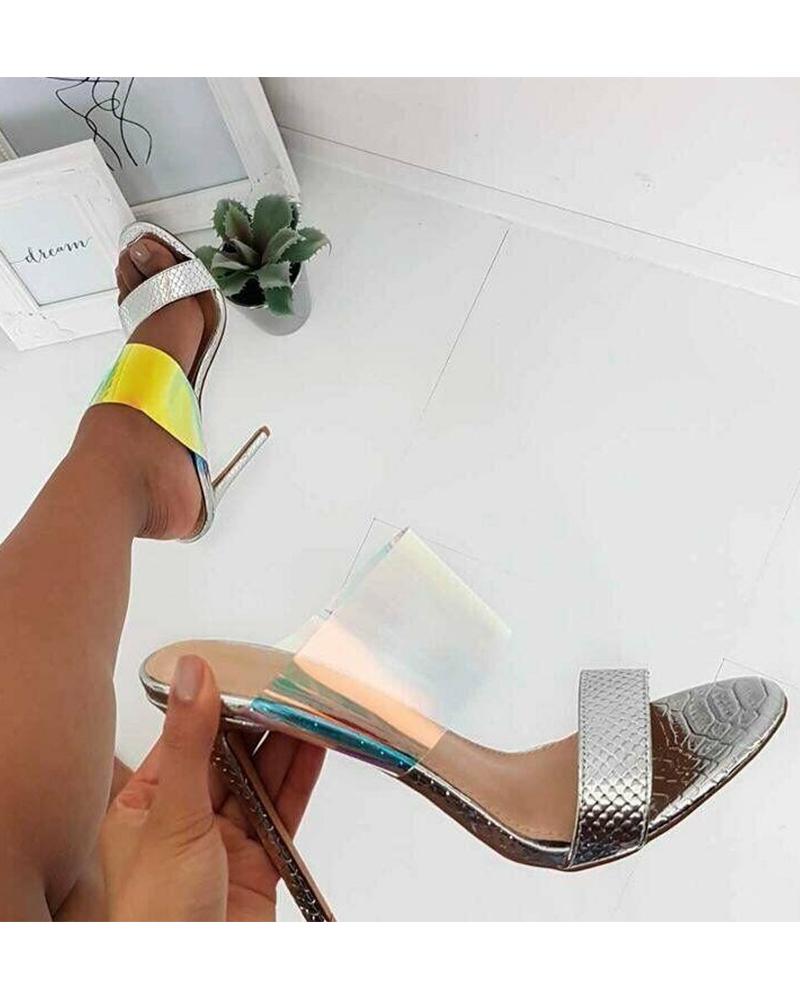 

Solid Pvc Patch Open-toe High Heel Sandals, Silver