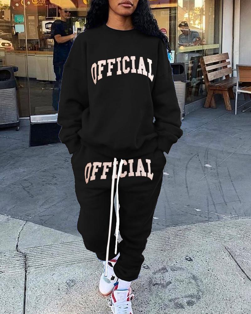 

Letter Print Sweatshirt & Drawstring Pocket Design Pants Set, Black