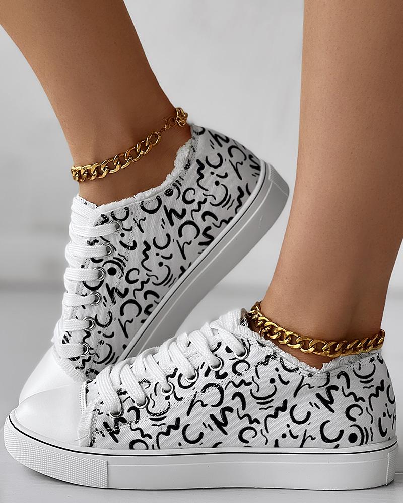 

Abstract Print Raw Hem Canvas Sneakers, Blackwhite