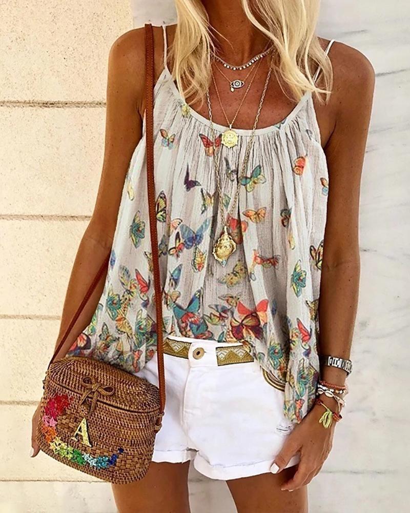 

Spaghetti Strap Butterfly Print Casual Top, White