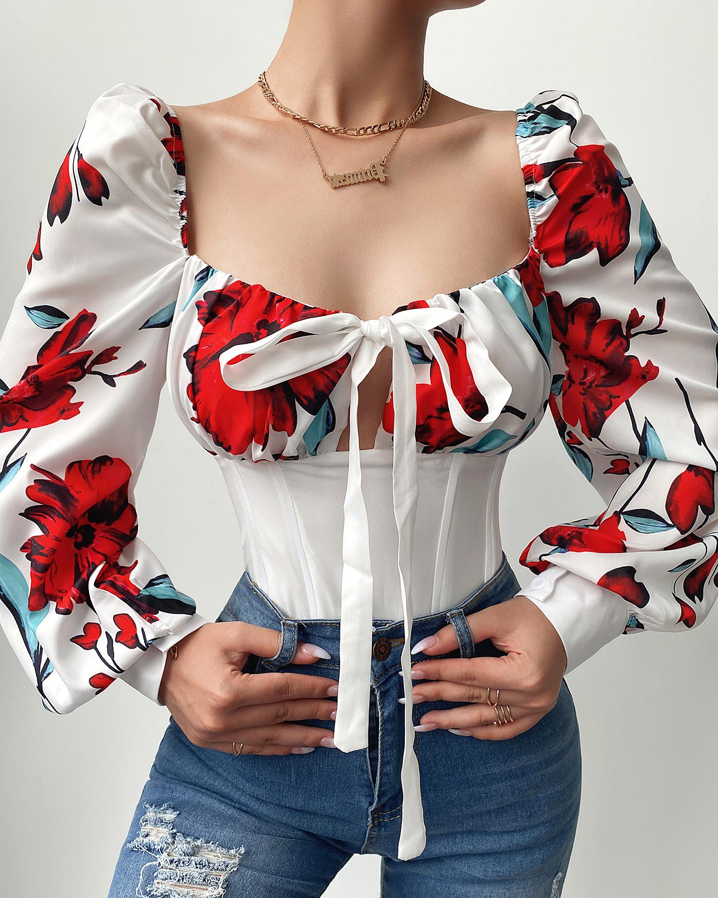 

Floral Print Tie Front Lantern Sleeve Top, Red