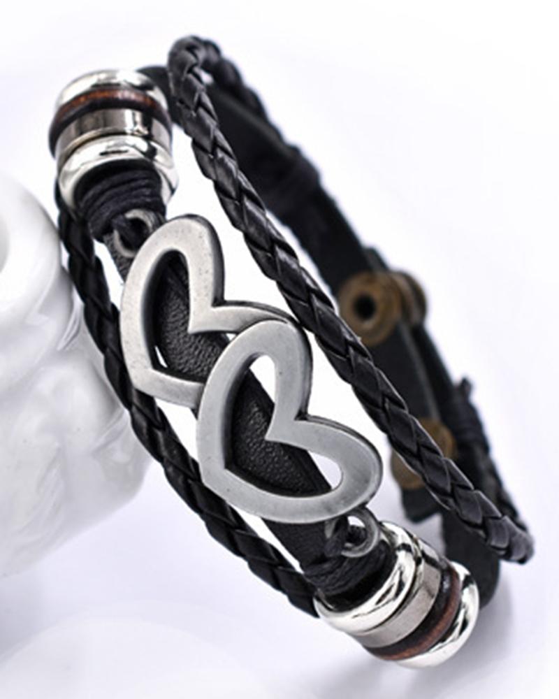 

1pc Independence Day Double Heart Braided Lether Bracelet, Silver