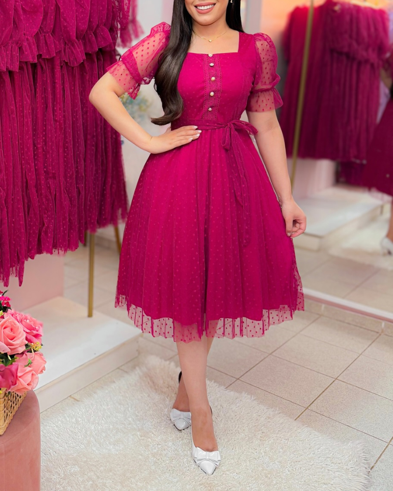 

Vestido midi casual de malha transparente com decote quadrado e manga curta na cintura, Hot pink