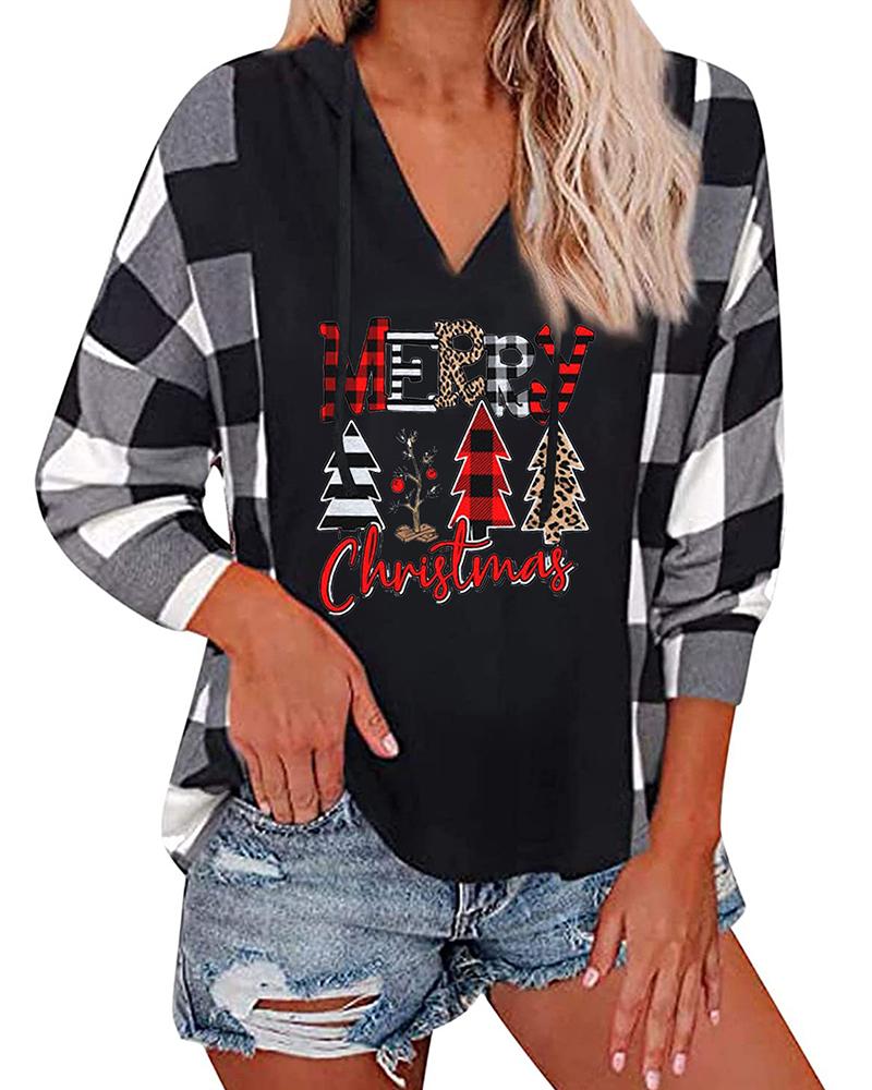 

Christmas Plaid Letter Plants Print Hooded Top, Gray