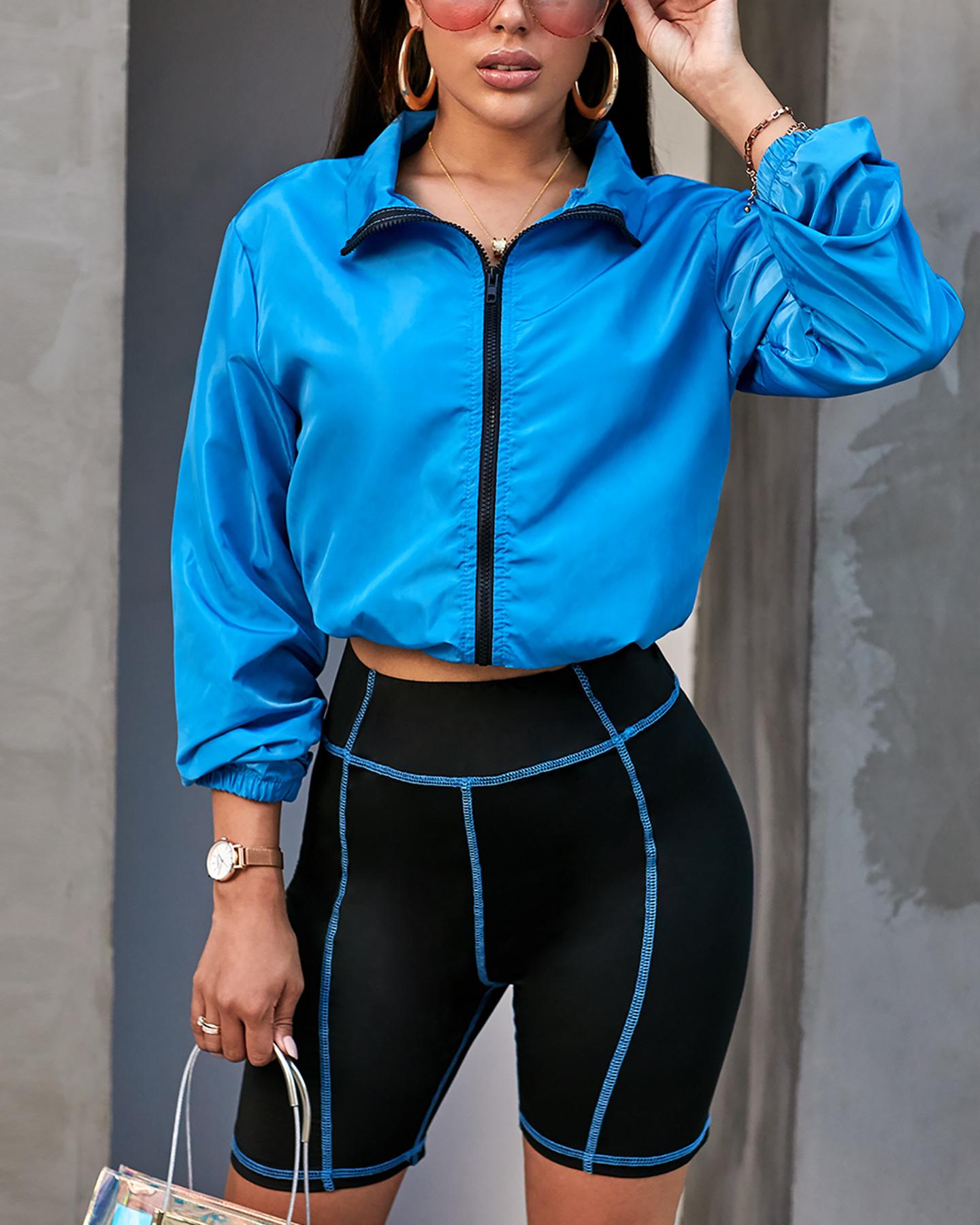 

Zipper Sporty Coat & Contrast Piping Short Set, Blue