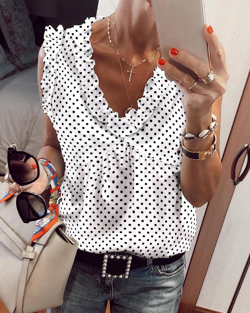 

Polka Dots Frill Hem Ruched Casual Tank Top, White