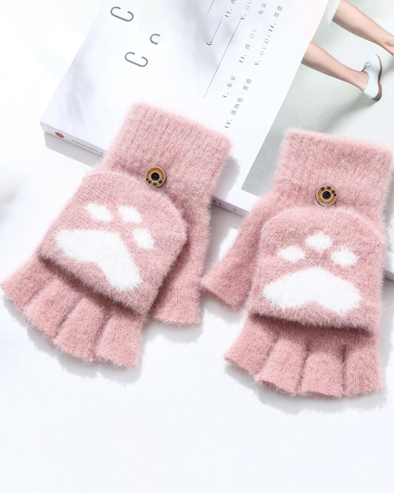 

1Pair Fuzzy Claw Pattern Mitten Flap Warm Half Fingerless Thermal Gloves, Pink
