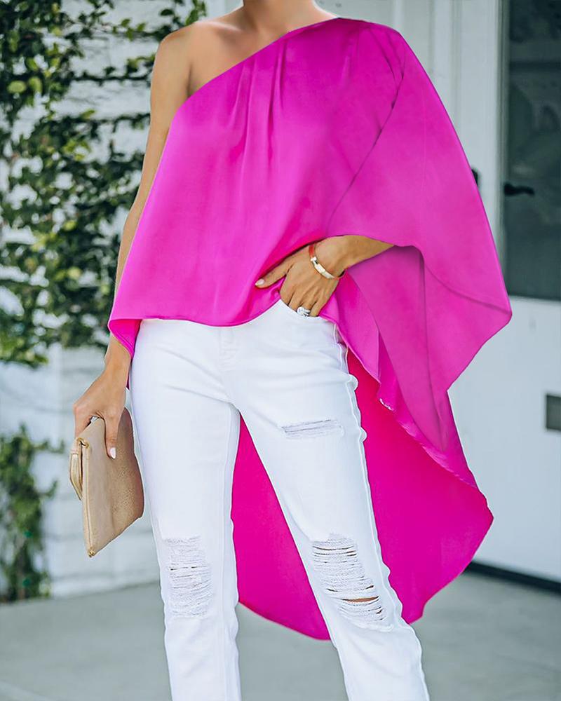 

Slash Neck Asymmetrical Plain Dip Hem Top, Hot pink