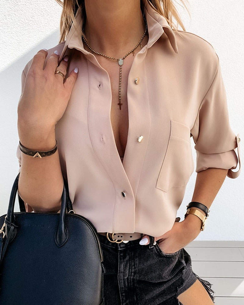 

Button Design Long Sleeve Casual Shirt, Coffee