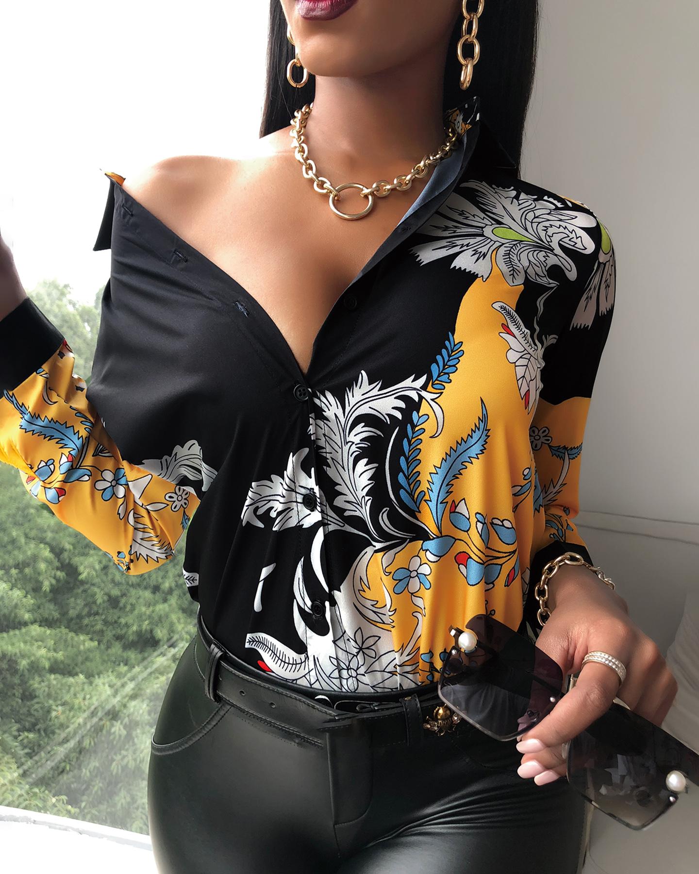 

Long Sleeve Floral Print Button Design Shirt, Black