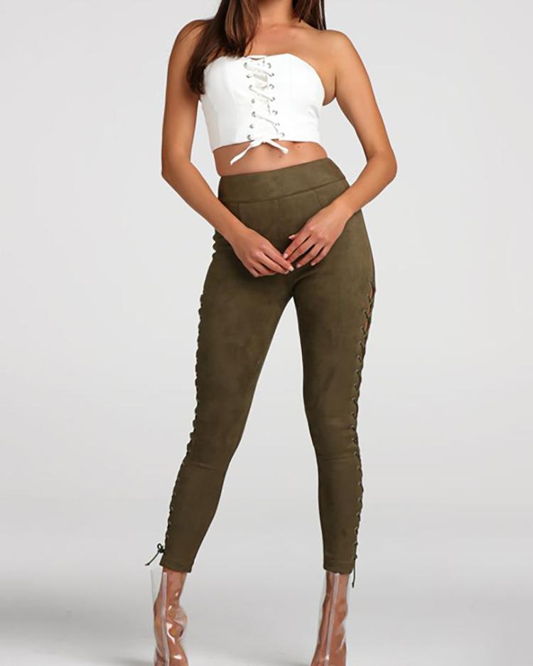 

Eyelet Lace-up High Waist Zipper Design Velvet Pants, Green