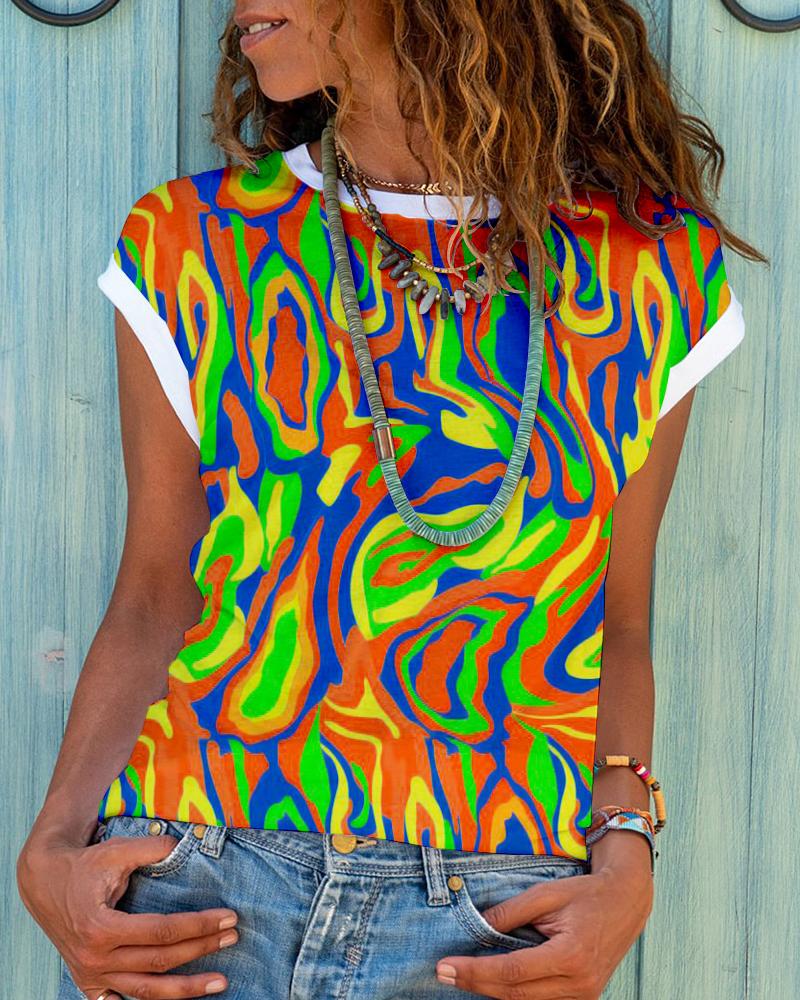 

Multi-Color Abstract Print Cap Sleeve T-shirt, Yellow