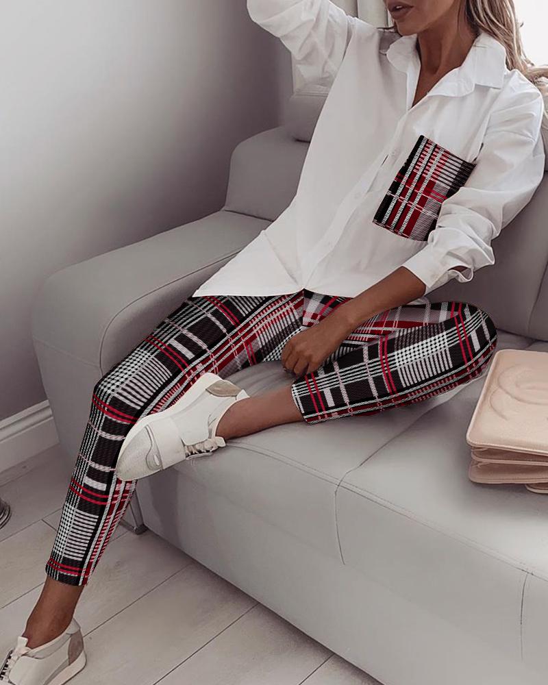 

Patch Pocket Button Down Shirt & Plaid Pants Set, Wine red