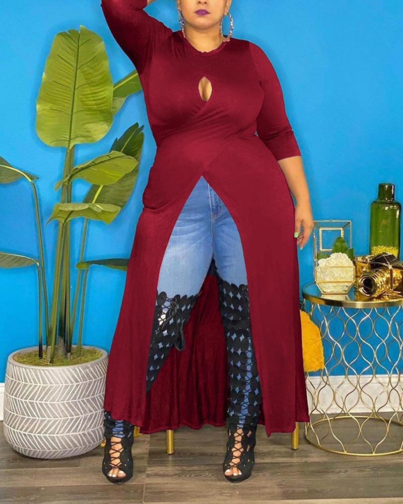 

Plus Size Crisscross High Slit Longline Top, Red