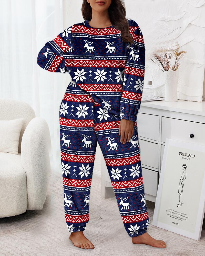 

Plus Size Christmas Snowflake Elk Pattern Fuzzy Cuffed Pajamas Set, Blue