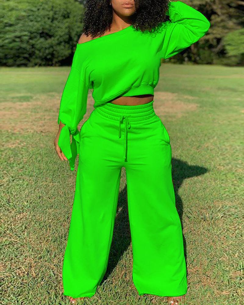 

Solid Tied Detail Top & Drawstring Pants Set, Dark green