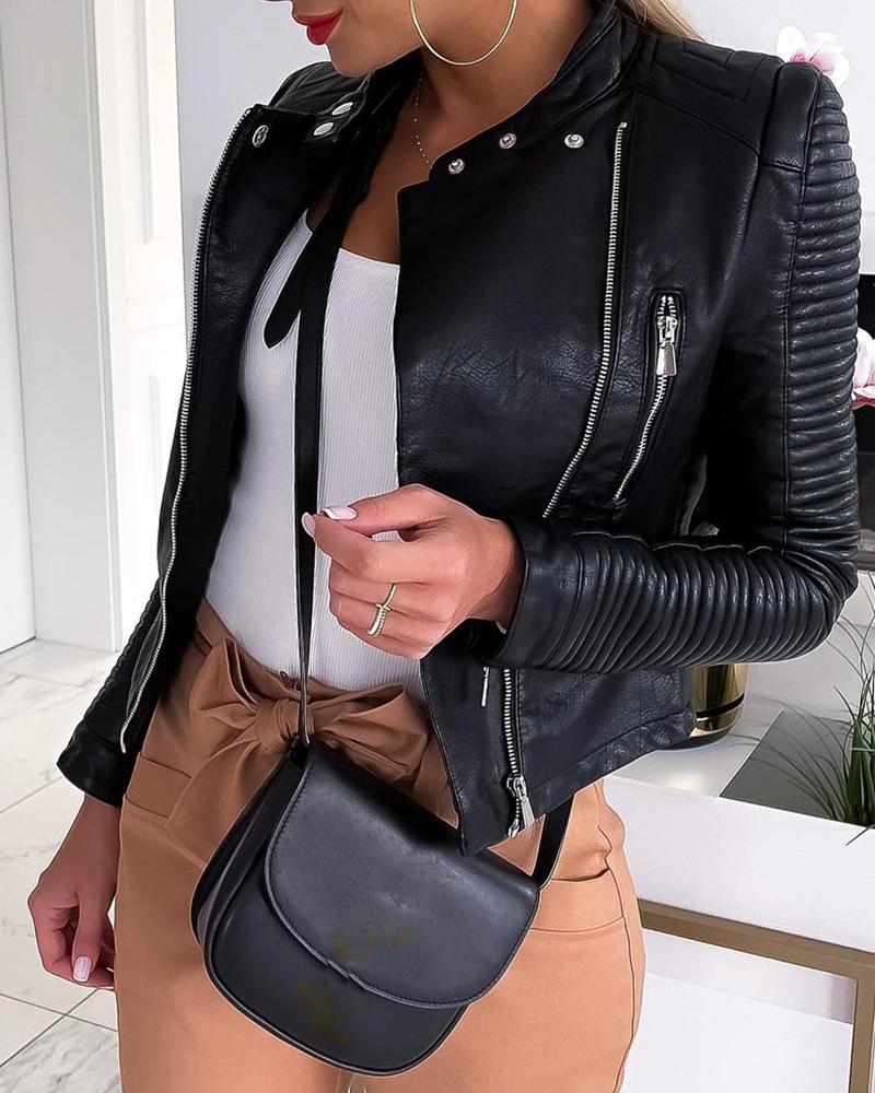 

PU Leather Zipper Button Design Coat, Black
