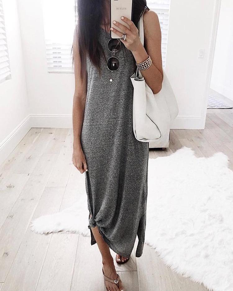 

Solid Sleeveless Slit Tank Causal Dress, Gray