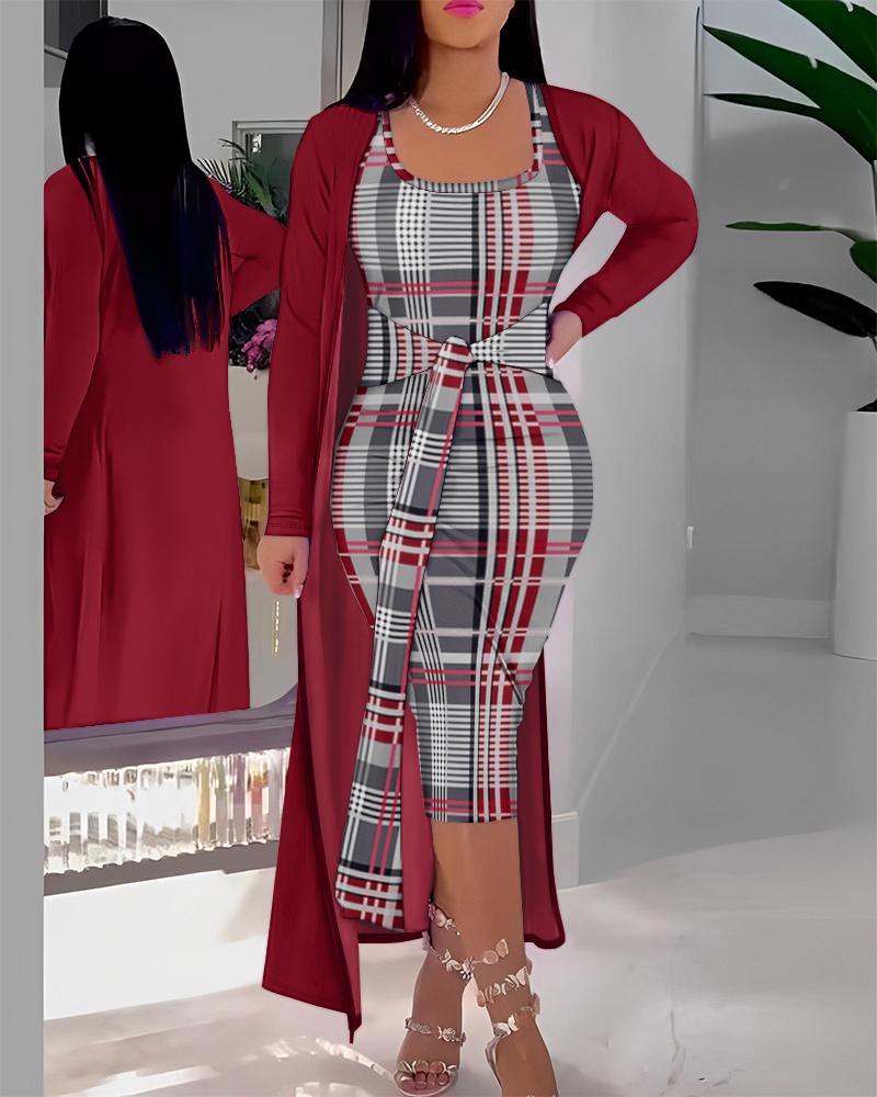 

Plaid Print Tied Detail Tank Dress & Longline Coat Set, Red