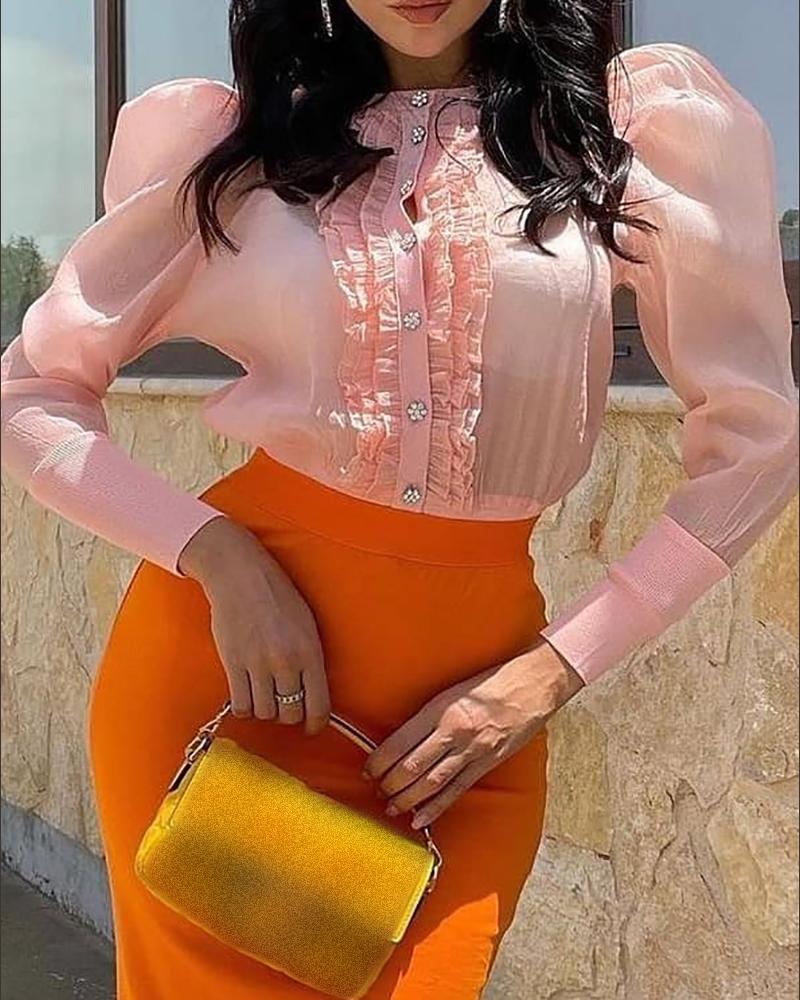 

Puff Sleeve Button Front Ruffle Hem Top, Pink