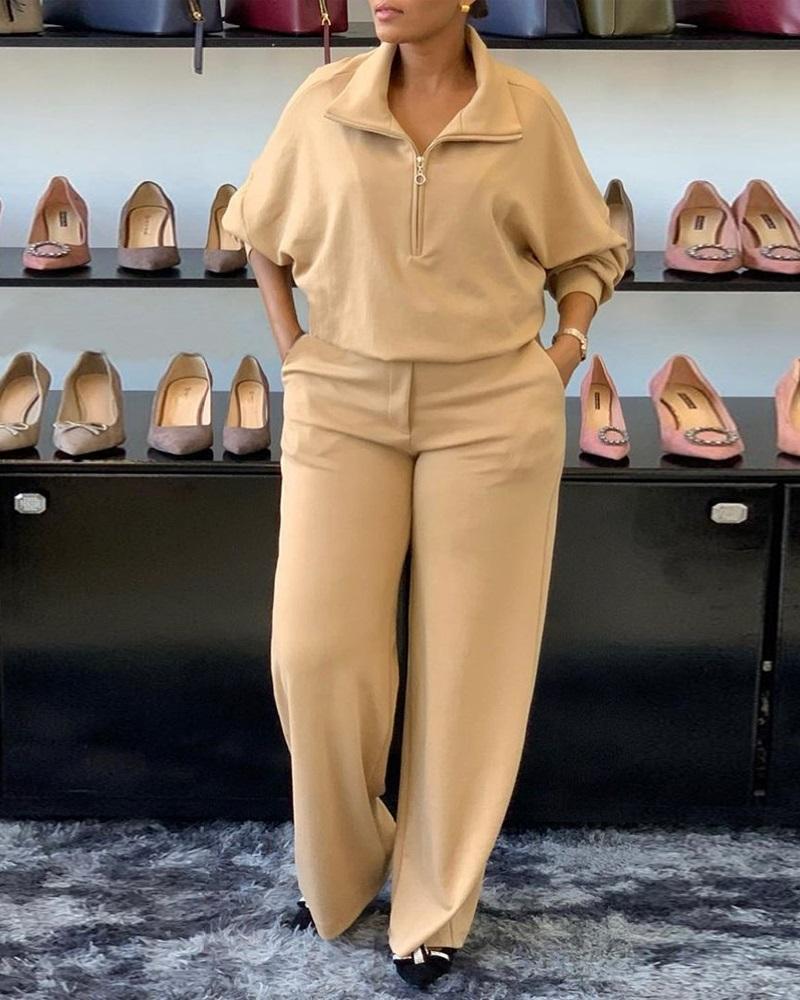 

Long Sleeve Zip Front Casual Top & Pants Set, Apricot