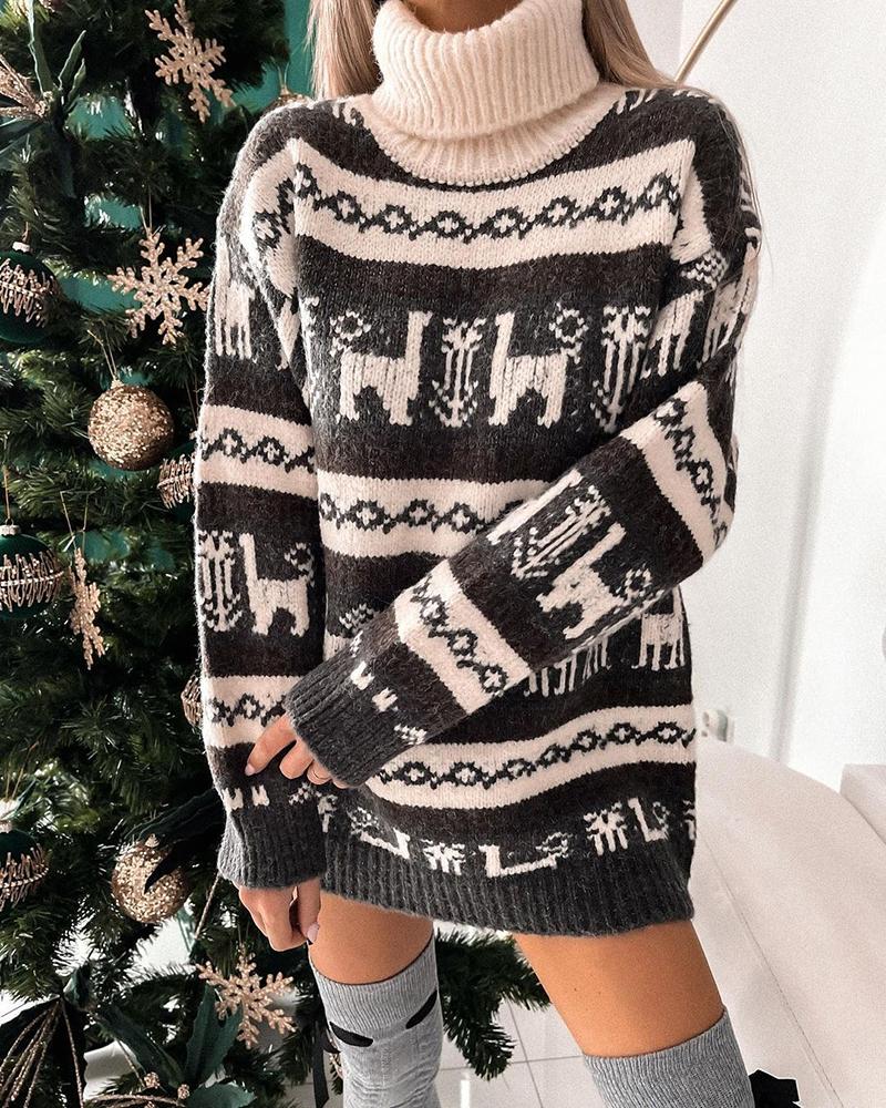 

Christmas Graphic Pattern High Neck Sweater Dress, Gray