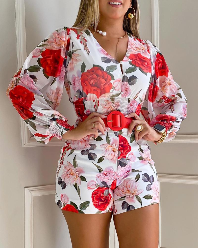 

Floral Print Shirred Buttoned Top & Shorts Set, Red