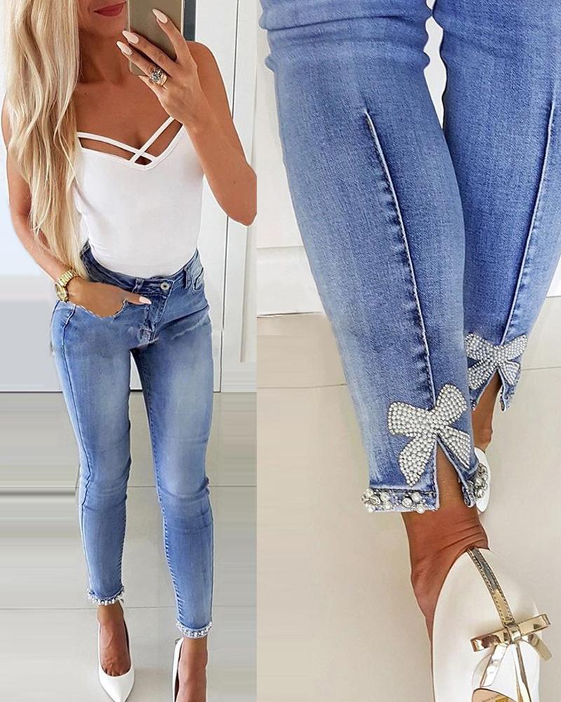 

Studded Bowknot Design Skinny Jeans, Blue