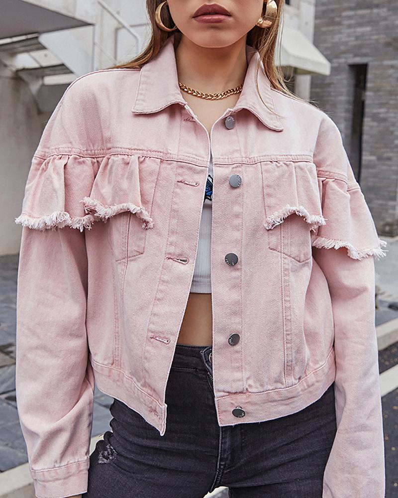 

Fringe Hem Ruffles Button Front Denim Coat, Pink