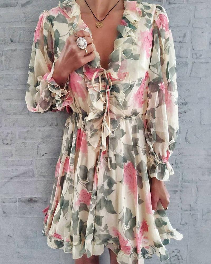 

Floral Print V-Neck Ruffles Dress, Multicolor