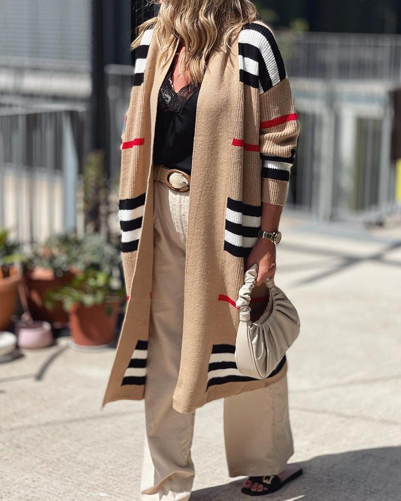 

Striped Long Sleeve Open Front Knit Cardigan, Khaki