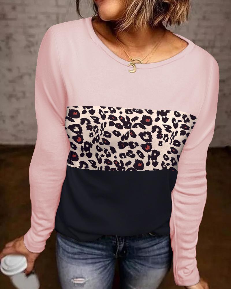 

Colorblock Contrast Leopard Long Sleeve Casual Top, Pink