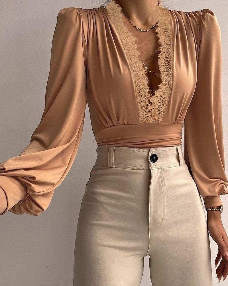 

Lace Trim Puff Lantern Sleeve Top, Orange