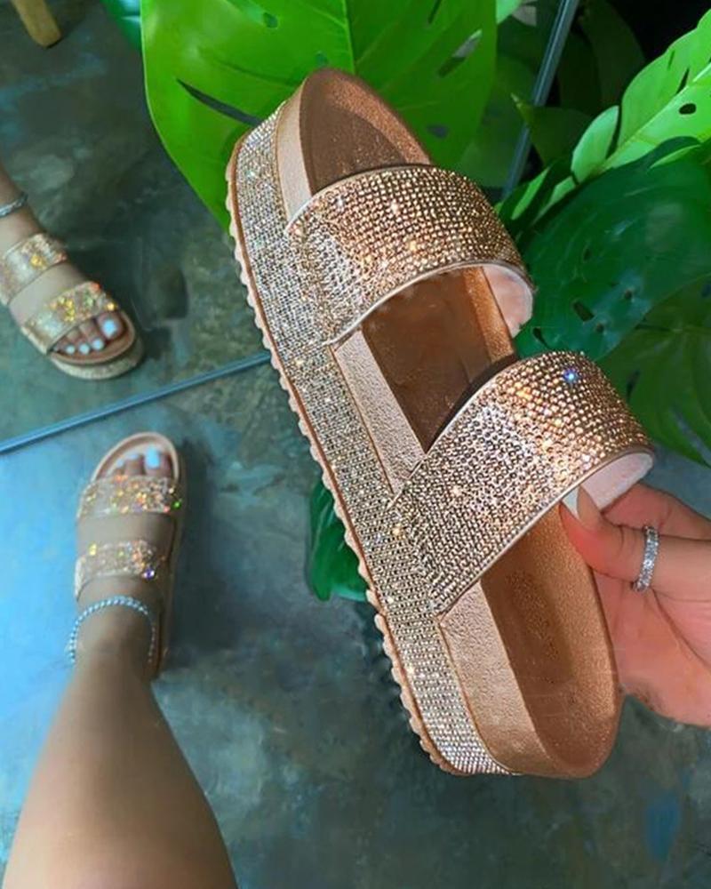 

Rainbow Peep Toe Sequins Flat Sandals, Gold