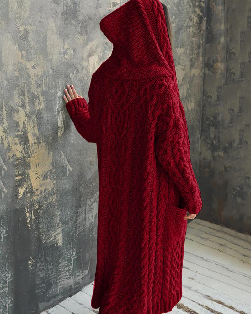 

Long Sleeve Cable Knit Hooded Cardigan, Red