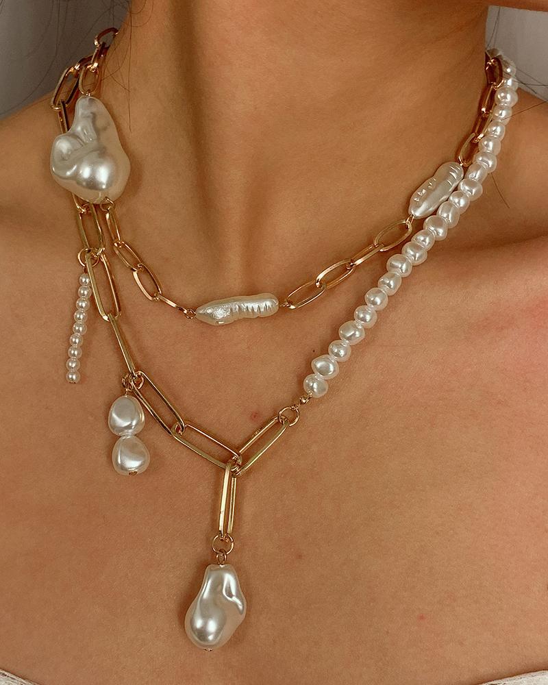 

2pcs Asymmetrical Pearls Beaded Multi-layer Pendant Necklaces Set, Gold