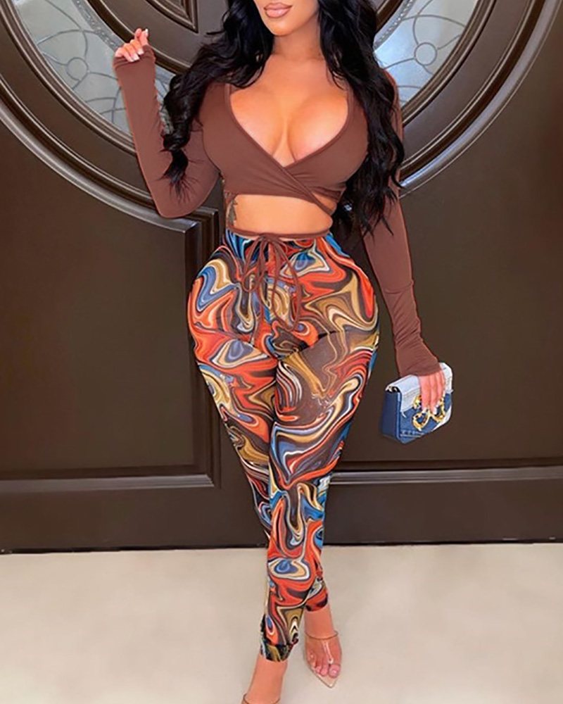 

Plunge Bandage Cutout Top & Abstract Print Pants Set, Coffee
