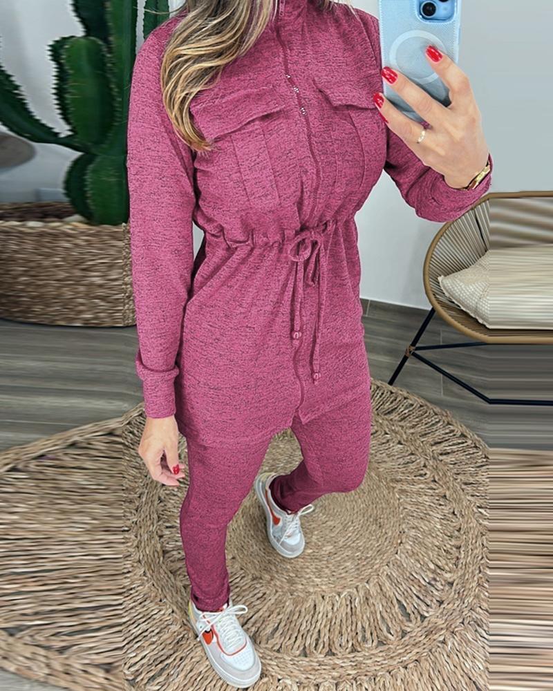 

Conjunto de 2 peças de roupa de manga comprida com bolsos e cordão na cintura, casaco e calças casuais slim fit, Hot pink