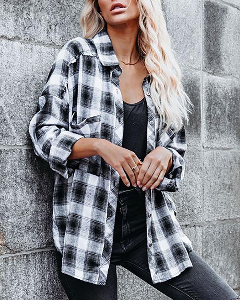 

Buttoned Pocket Design Plaid Print Shacket, Black