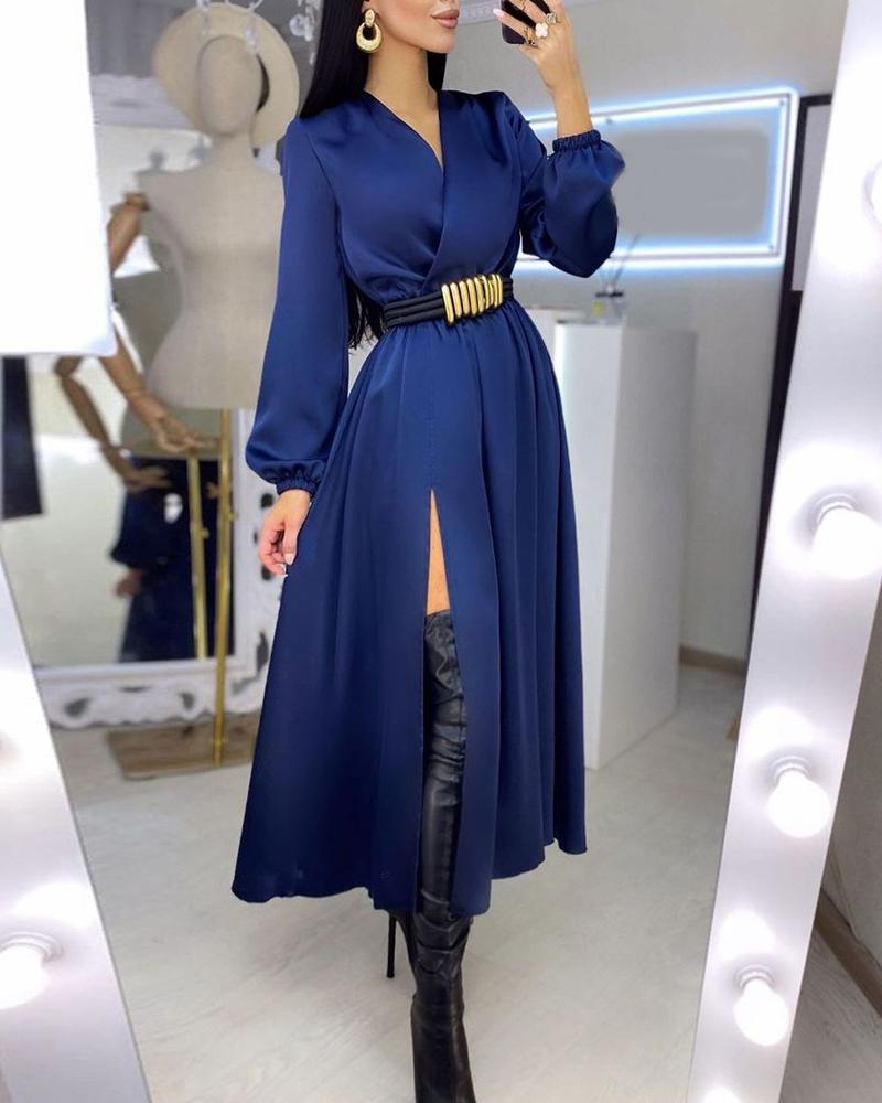 

Plain Surplice Neck Long Sleeve High Slit Dress, Dark blue