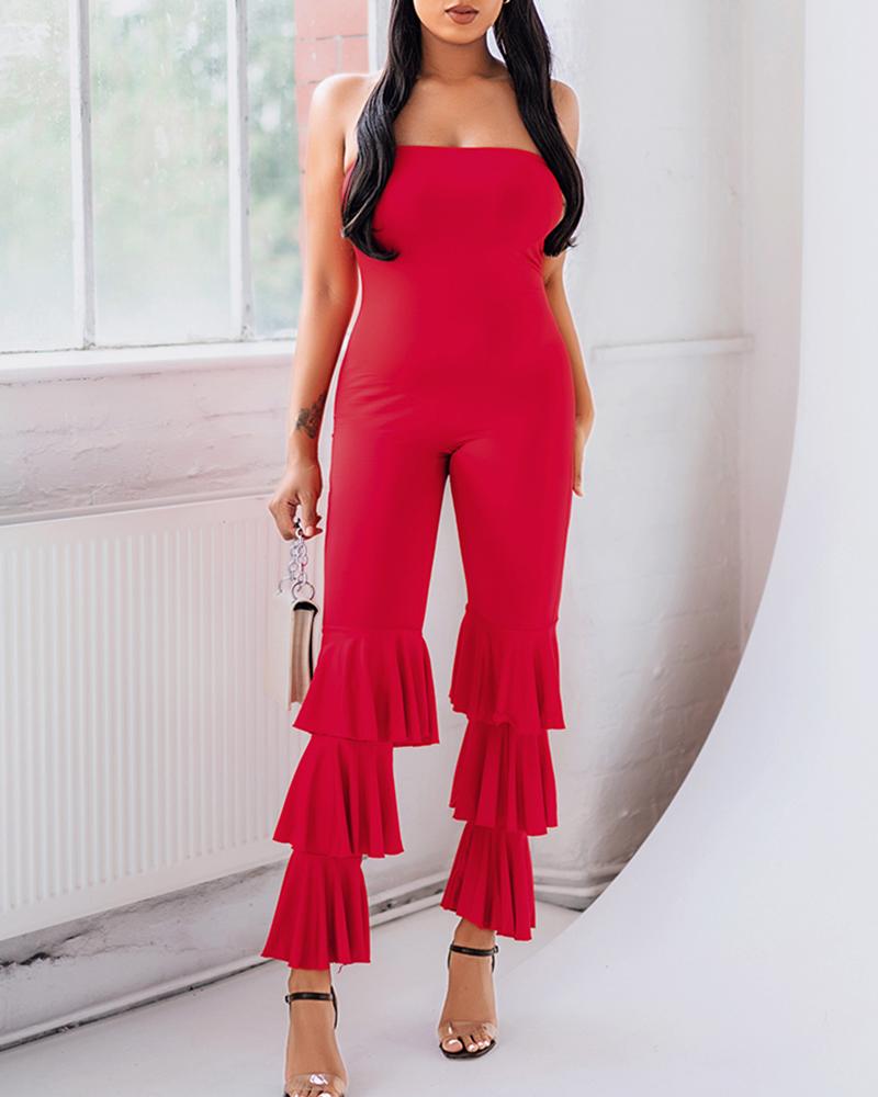 

Layered Ruffles Flared Leg Skinny Tube Jumpsuit, Red