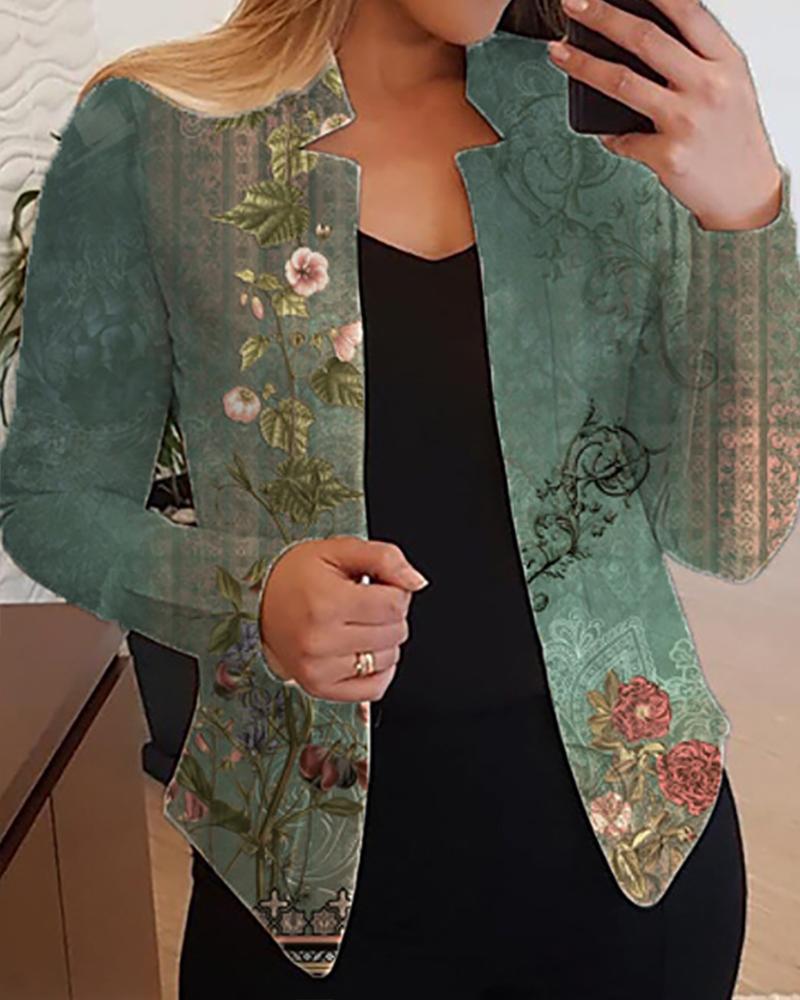 

Floral Tribal Print Open Front Blazer Coat, Green