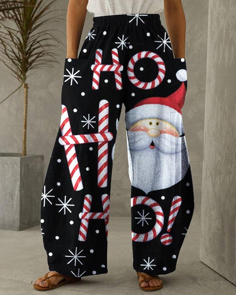 

Christmas Santa Candy Print Pocket Design Wide Leg Pants, Black