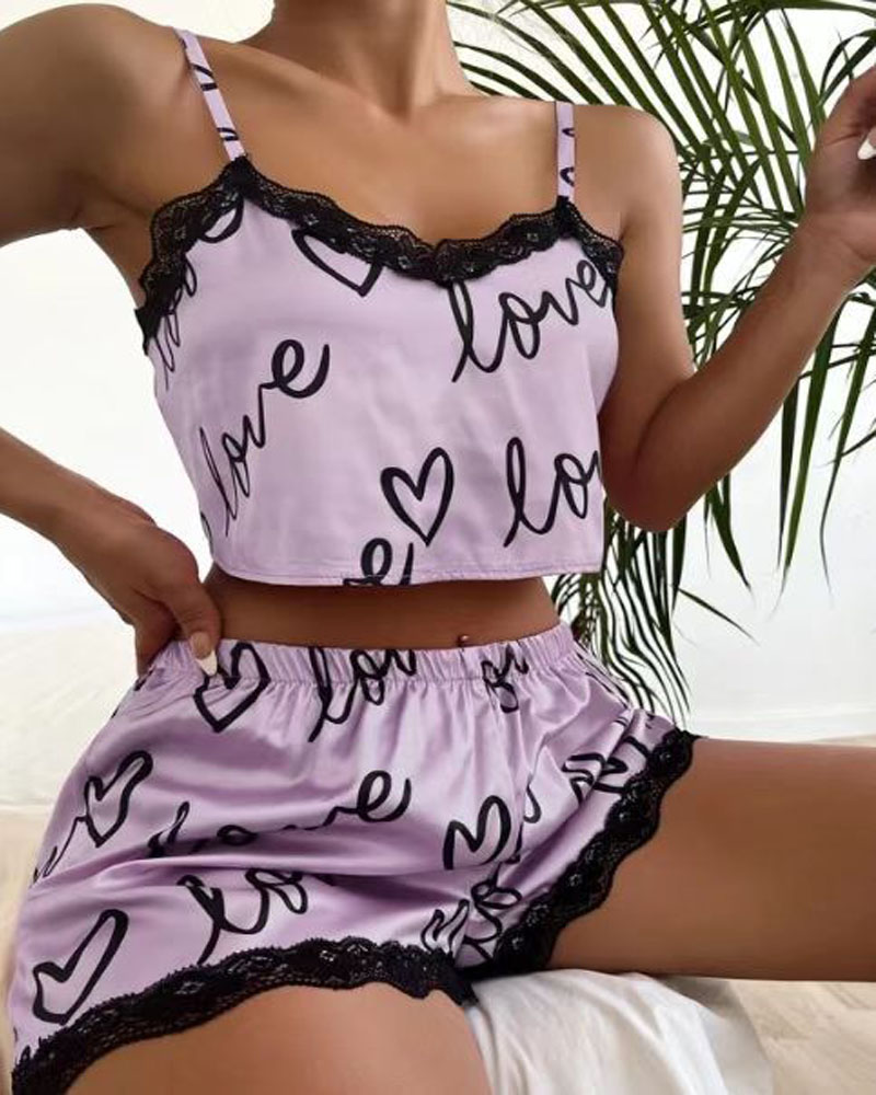 

Letter Heart Print Contrast Lace Cami Set, Purple