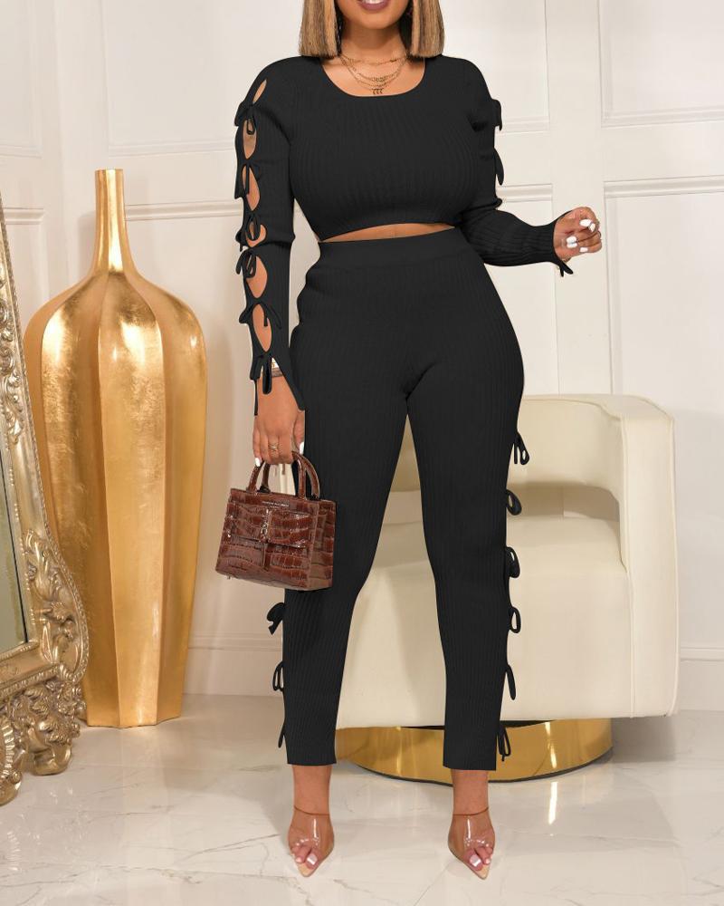 

Ribbed Tied Detail Backless Crop Top & Pants Set, Black
