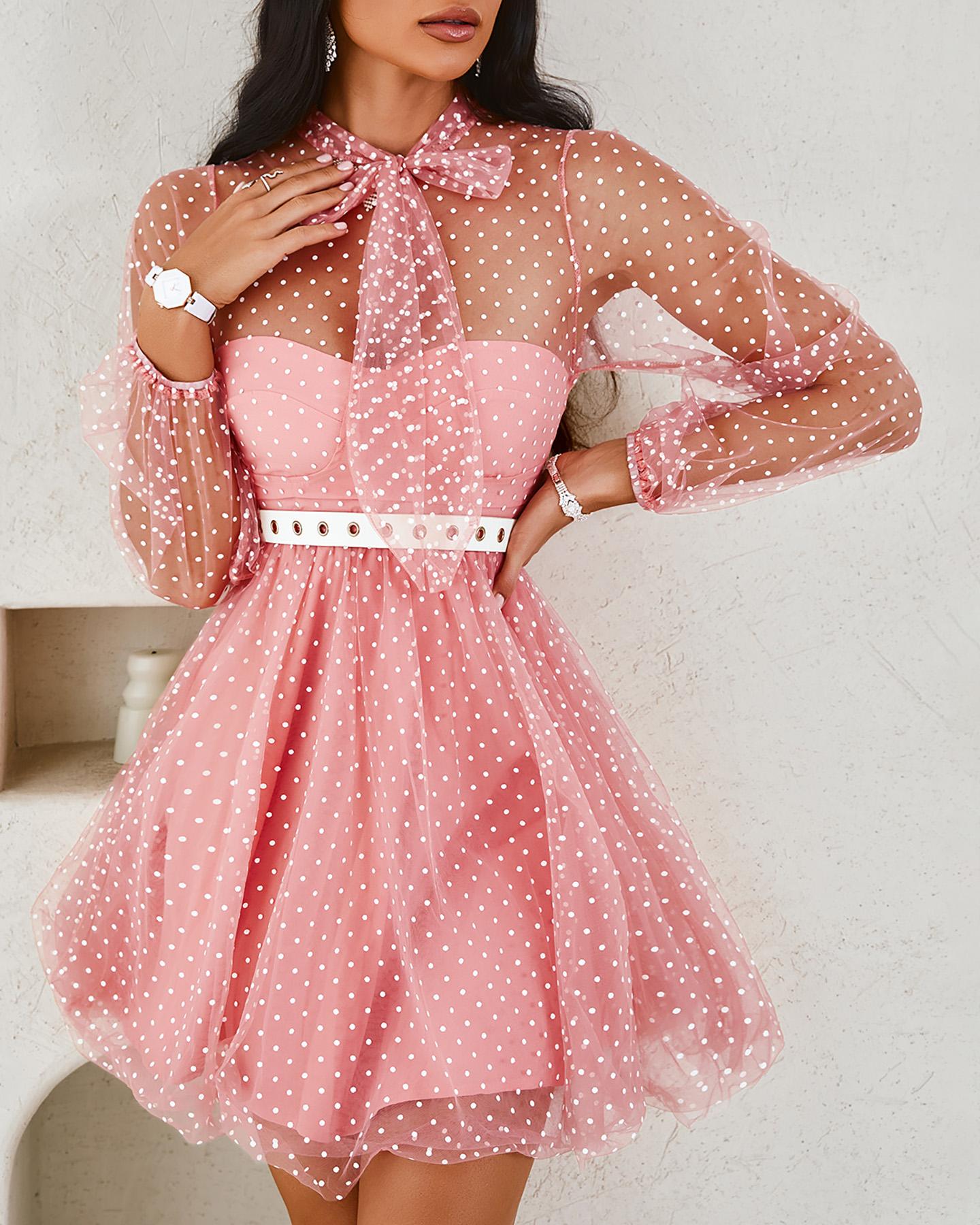 

Polkadot Print Tie Neck Lantern Sleeve Mesh Prom Dress, Pink