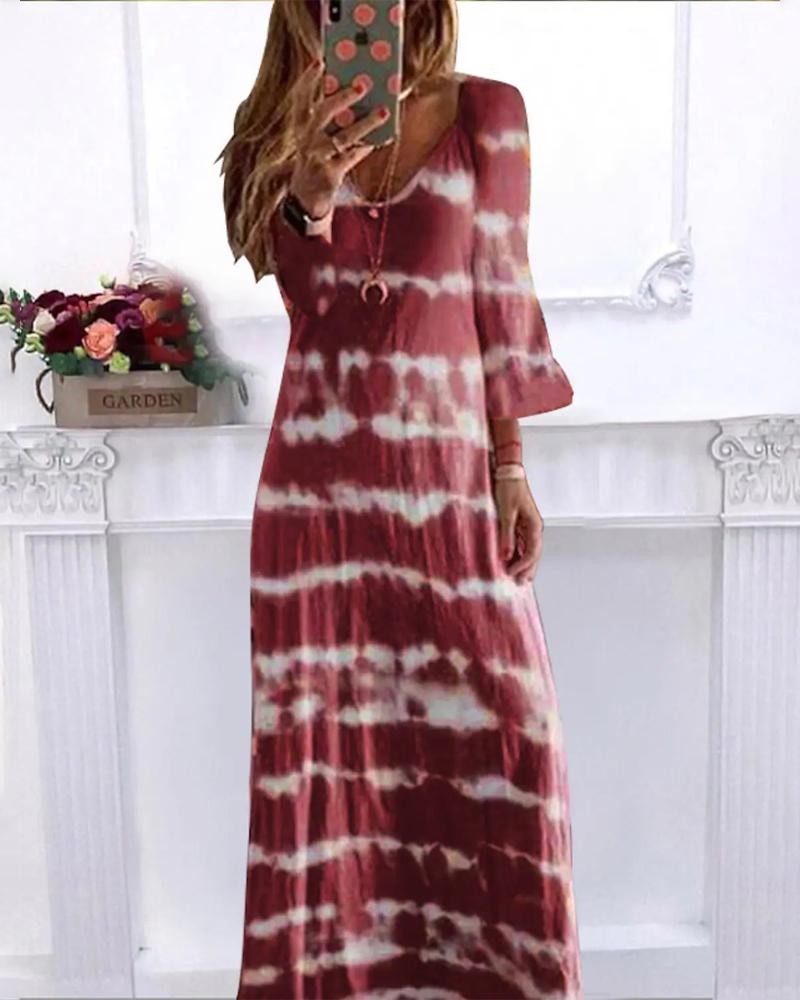 

Tie Dye Print V-Neck Casual Dress, Wine red