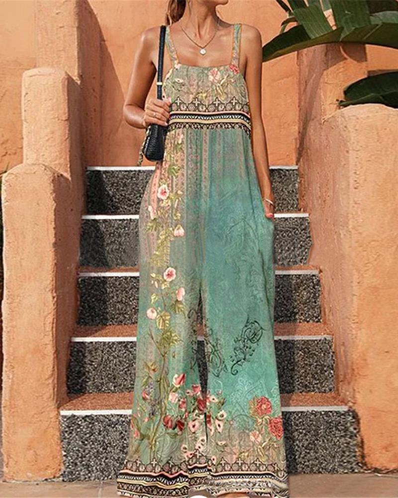 

Floral Tribal Print Sleeveless Wide Leg Jumpsuit, Green