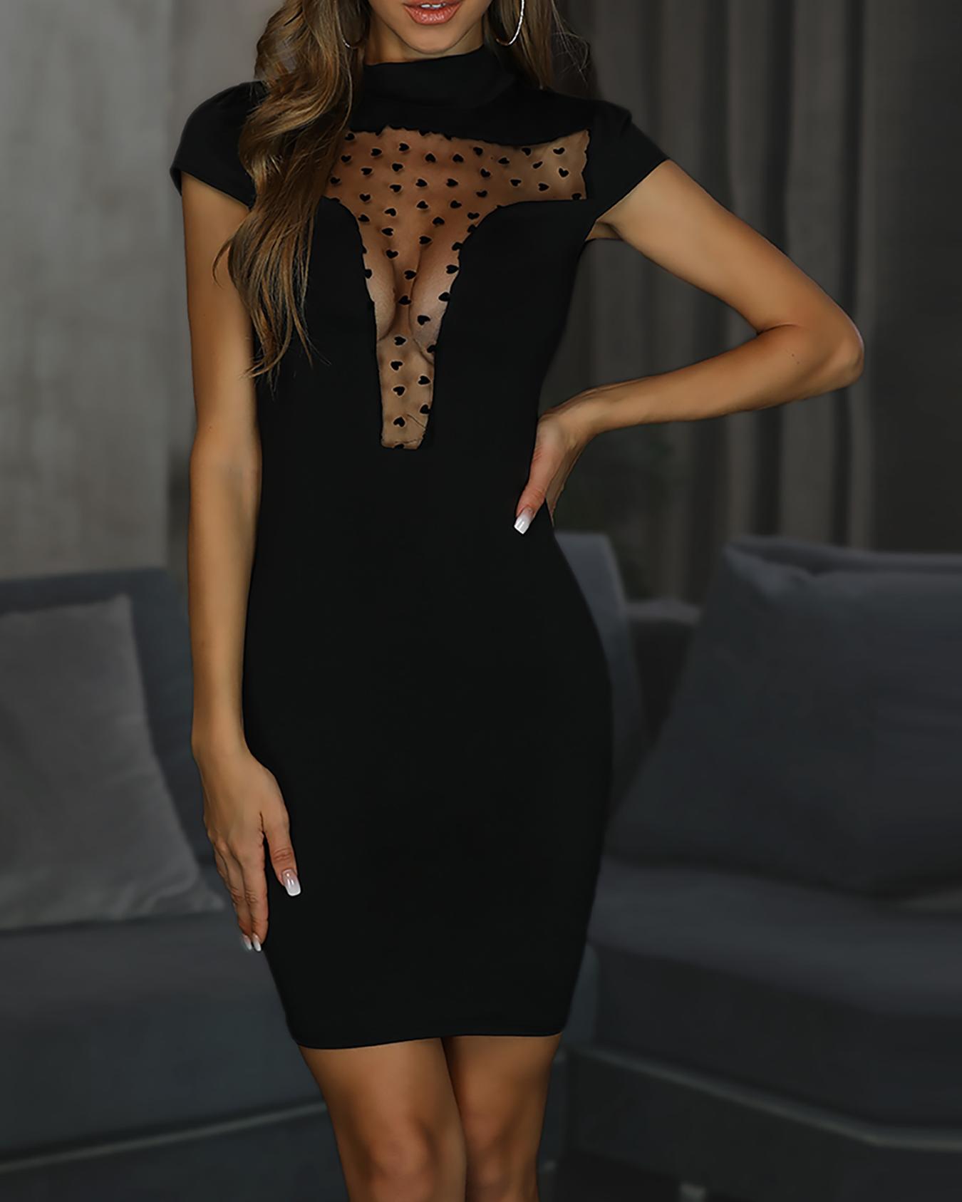 

Sheer Dot Mesh Insert Bodycon Dress, Black